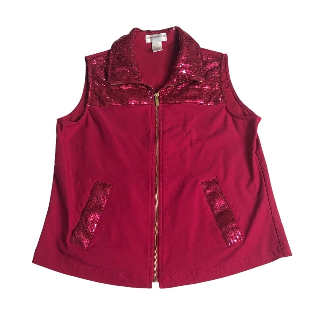 Drapers & Damons Vest Womens Petite Small Pink Sequin Full Zip Stretch Glam Chic